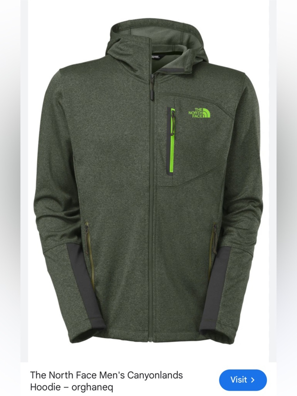The North Face Olive Green Hooded Lightweight Jacket with Neon Zip Accent